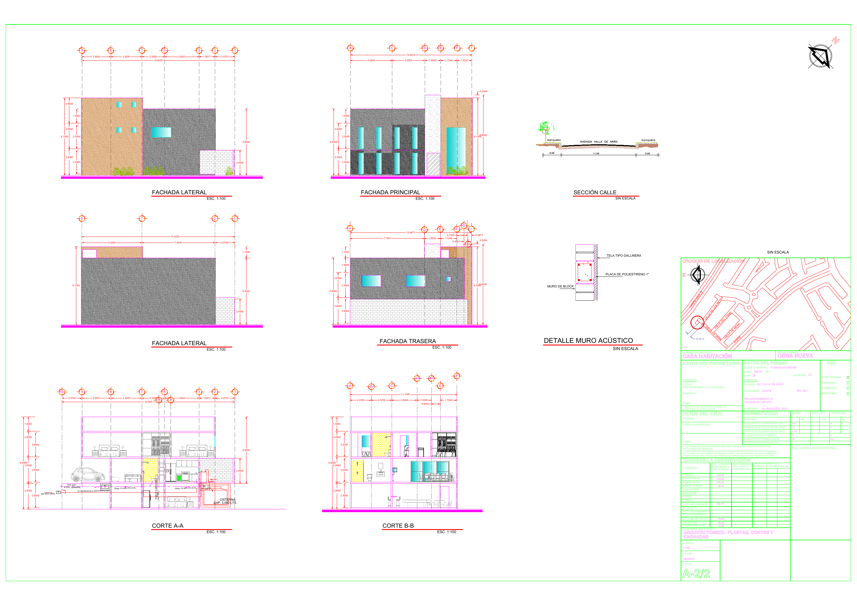Plano arquitectónico de fachadas y cortes del proyecto Agave Lote 22 en Zibatá